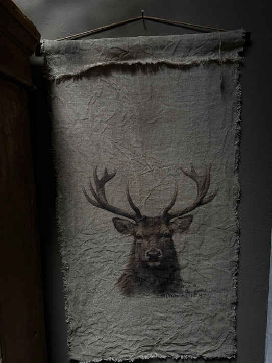 Handgemaakt linnen wanddoek met gewei hert shabby linnen sfeervolle landelijke wanddecoratie